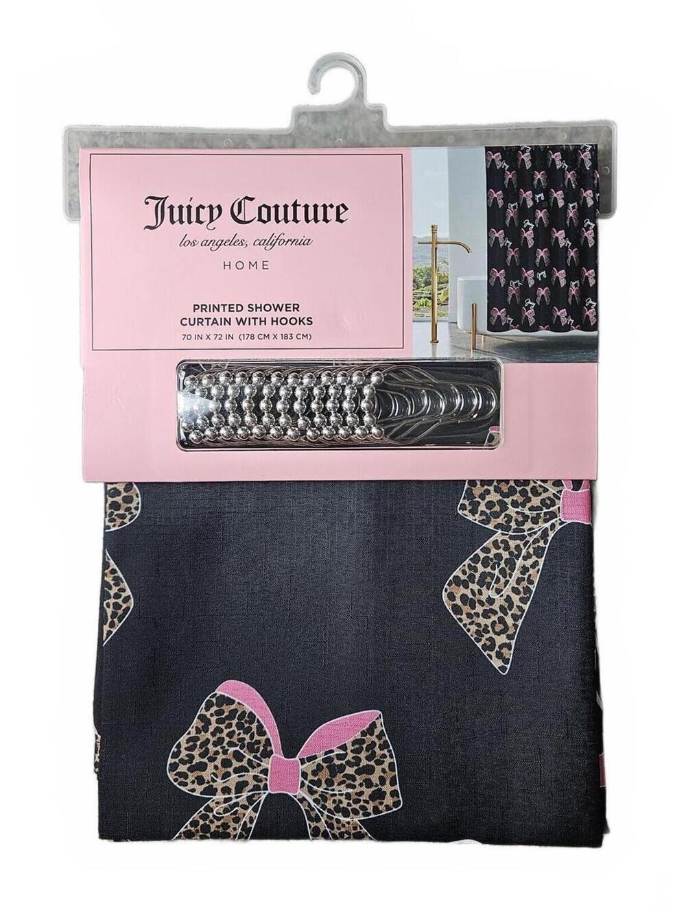 Juicy Couture Leopard Bow "Juicy" Shower Curtain w Hooks Black & Pink NWT